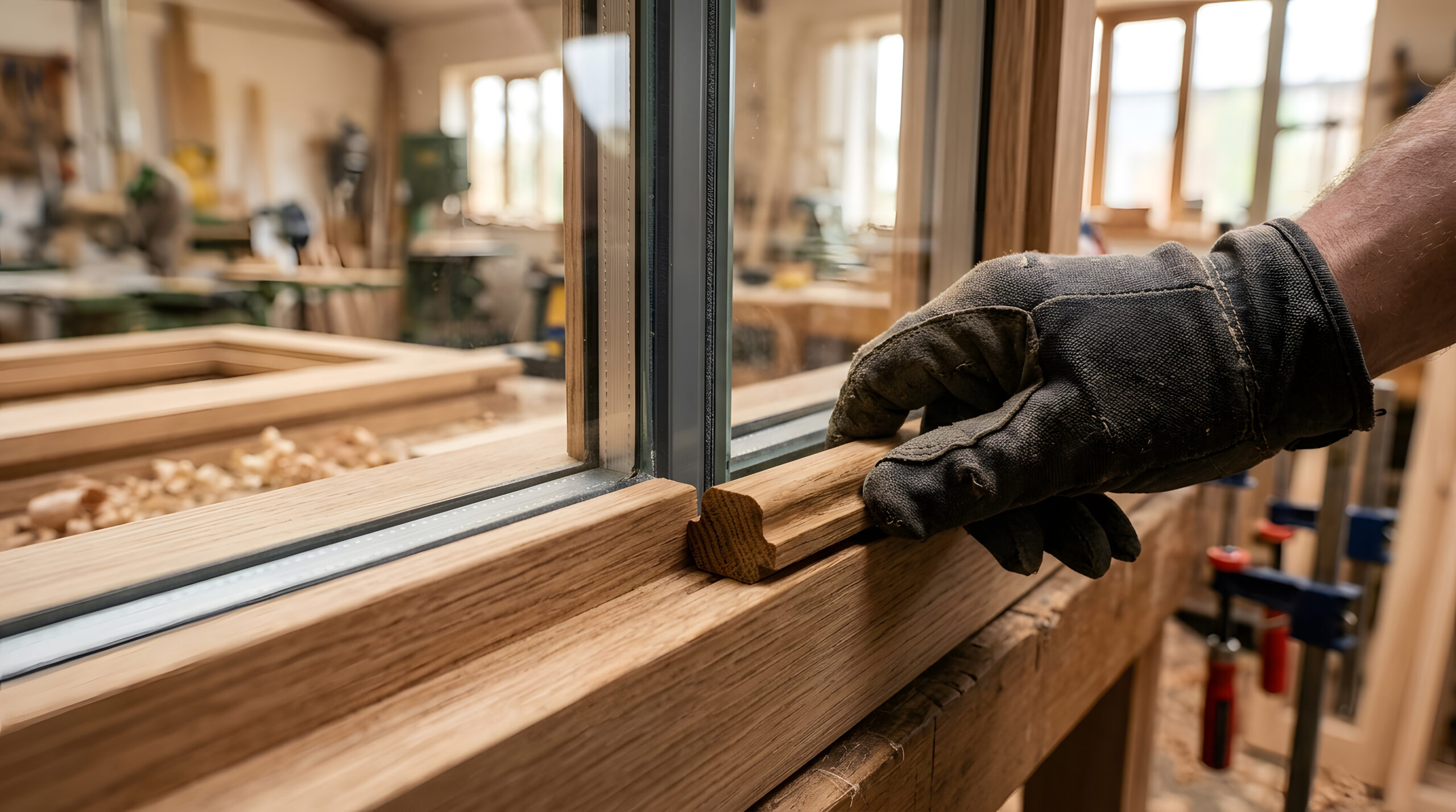 Professional wood window frame assembly | installing wooden glazing beads by hand | joinery workshop craftsmanship close up | timber window manufacturing process